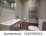 Small photo of Clare, Suffolk - 27 April 2018: Simple Chic modern bathroom refitted in a sympathetic traditional style within small cottage.