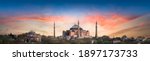 Small photo of Hagia Sophia is an ancient religion landmark of Istanbul on sunset. Panoramic view on Turkish Mosque with foth minarets. Ayasofya was the greatest Christian temple of Byzantium Empire.