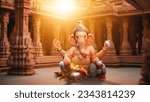 Small photo of Ganpati, Lord Ganesh Illustration of colorful hindu lord Ganesha on decorative background- Graphical poster modern art 3D wallpaper on fort