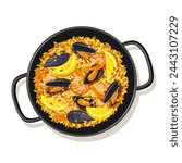 Traditional Spanish paella food isolated on a white background. 
