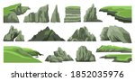 Set of rocks, hills, cliffs, mountains peaks and stones isolated on white background. Rocky landscape elements. Collection of cartoon vector illustrations.