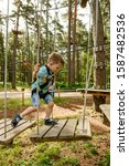 Small photo of Go Ape Adventure. Climber child on training. Child climbing on high rope park. Roping park. boy with safety carbine goes on a rope in adventure climbing high wire park