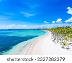 Small photo of Aerial view of beautiful Bavaro beach with white sand and palm trees. Turquoise water and blue sky. Summer vacation in the all inclusive resort and hotel of Punta Cana
