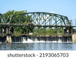 Small photo of Rotterdam, NY aE“ USA - Aug 5, 2022 Closeup view of The Movable Dam at Lock 8, a three-span moveable dam with a walkway across the Mohawk River