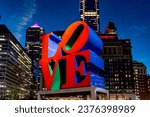 Small photo of Philadelphia, PA - US - Oct 13, 2023 Evening view of LOVE Park, with its reproduction of Robert Indiana’s 1970 LOVE sculpture overlooking the plaza. Located in Center City section of Philadelphia.