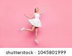 Freedom legs stylish feet glamorous people  teenager teen age restless concept. Full-length full-size portrait of excited surprised attractive careless inspired girl jumping up isolated on background