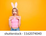 Small photo of Are you joking? I me choose concept. Close up photo portrait of nice kind cute innocent guiltless white scared lady gesturing with hands wearing pink t-shirt isolated bright background copy space