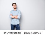 Small photo of Portrait of positive cheerful cool college university man cross hand feel like true leader person wear denim jeans style outfit isolated over grey color background