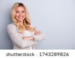 Close-up portrait of her she nice attractive cheerful cheery wavy-haired lady lawyer top executive marketing director folded arms copy space isolated on light white gray pastel color background