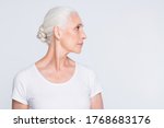 Small photo of Close-up profile side view portrait of her she nice-looking attractive gorgeous groomed calm content peaceful gray-haired middle aged lady isolated over light white grey pastel background