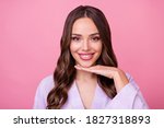 Closeup photo of beautiful lady long curly hairstyle spa salon procedures touch arm chin demonstrating perfect facial skin condition wear bathrobe isolated pastel pink color background