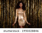 Photo of charming stunning dark skin lady wear sequins dress smile party isolated on shine glitter color background