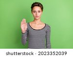 Small photo of Photo of young serious charming woman hold hand make oath pledge isolated on green color background