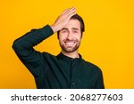 Small photo of Photo of unhappy depressed young man wear smart casual outfit forget important thing arm forehead isolated yellow color background