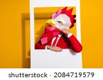 Small photo of Photo of minded pensive guy in snapshot picture look empty space wear cock mask red tux isolated yellow color background