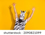 Small photo of Photo of bizarre incognito guy in zebra mask arms up enjoy mardi-gras festival offer isolated over bright yellow color background