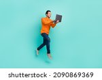 Small photo of Full body profile photo of cheerful person use netbook digital connection rush isolated on turquoise color background