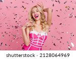 Small photo of Photo of dreamy barbie girl enjoy weekend event entertainment wear fancy striped dress isolated pink color background