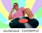 Funky stylish trend cartoon photo of amazing deejay guy playing old school record retro student chill entertainment stereo rave quality concert