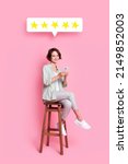 Small photo of Photo artwork minimal collage of beautiful lady sitting chair leaving goods feedback isolated pink color background