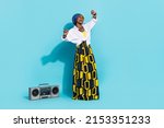 Small photo of Photo of zulu lady enjoy aborigine song sound dance boom box wear tradition outfit isolated teal color background