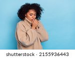 Small photo of Photo of upset lady shiver tremble breath try warm wear artificial fur textile outfit isolated blue color background