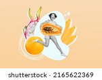 Creative abstract template graphics collage of funny girl jumping black white visual effect enjoying fruits isolated beige color background