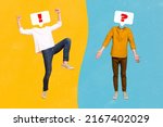 Small photo of Composite collage image of two people different emotions win lose exclamation point question instead head divided into two halves colors