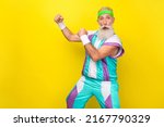 Profile photo of crazy aged person raise fists prepare fight enemy wear condensed milk tin color sport suit isolated on yellow background