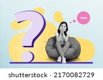 Small photo of Creative collage picture of minded girl black white effect sitting bag thinking huge question mark symbol