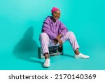 Small photo of Full length body size view of attractive cheerful girl deejay listen hip hop relax isolated over vivid teal turquoise color background