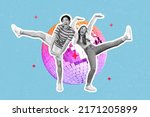Creative poster collage of active lady guy dance energetic party isolated blue color glitter disco ball background