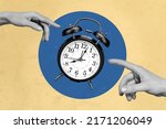Small photo of Photo cartoon comics sketch picture of arm palm classic vintage clock isolated blue beige painted background