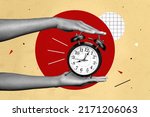 Composite collage picture of hands black white colors hold demonstrate vintage classic clock isolated on creative background