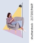 Small photo of Buy rent new house credit concept. Collage sketch of lady millennial comfy relax flat using smart device isolated