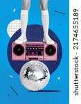 Small photo of Creative 3d photo artwork graphics painting of legs standing disco ball boom box isolated drawing blue background
