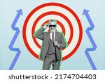 Composite collage portrait of successful aged business person touch sunglass isolated on growth arrows target background