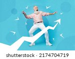 Small photo of Photo cartoon comics sketch picture of cheerful good mood senior guy dancing achieving goals isolated blue painted background