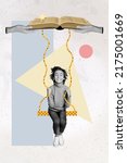 Small photo of Creative collage of happy clever school child swing rope support two rope textbook isolated surreal image background