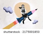 Small photo of Sketch collage banner of school child travel rocket pencil up hold copybook rucksack supply isolated sky image background