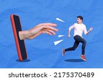 Small photo of Creative collage composition of young man escaping from his jealous girlfriend try to reach him trough phone isolated on blue background