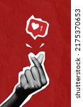 Small photo of Creative collage picture of black white effect hand showing heart symbol give like notification isolated on red color background