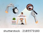 Collage 3d image of pinup pop retro sketch of eye peek lady writing exam isolated painting background