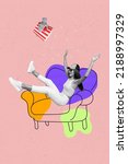 Small photo of Collage 3d image of pinup pop retro sketch of funny funky lady enjoying home cinema cozy couch sofa isolated painting background