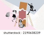 Small photo of Composite collage image of small mini kids black white colors read book climb ladder connect puzzle pieces isolated on drawing background