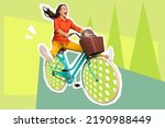 Small photo of Exclusive painting magazine sketch image of funny funky lady driving colorful bike isolated painting background