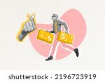 Small photo of Exclusive minimal magazine sketch collage of running retired man carry suitcases money cash dollar signs big hand show asking symbol