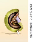 Small photo of Photo 3d collage artwork postcard poster magazine sketch of young happy guy dude dance good mood isolated on drawing background