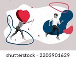 Collage photo of couple man girlfriend run away from love ignorant hug please be together isolated on grey color background