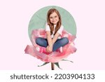 Small photo of Creative poster collage of charming cute lovely sweet little school pupil girl sit big pink rose lilliputian spectacles painting background